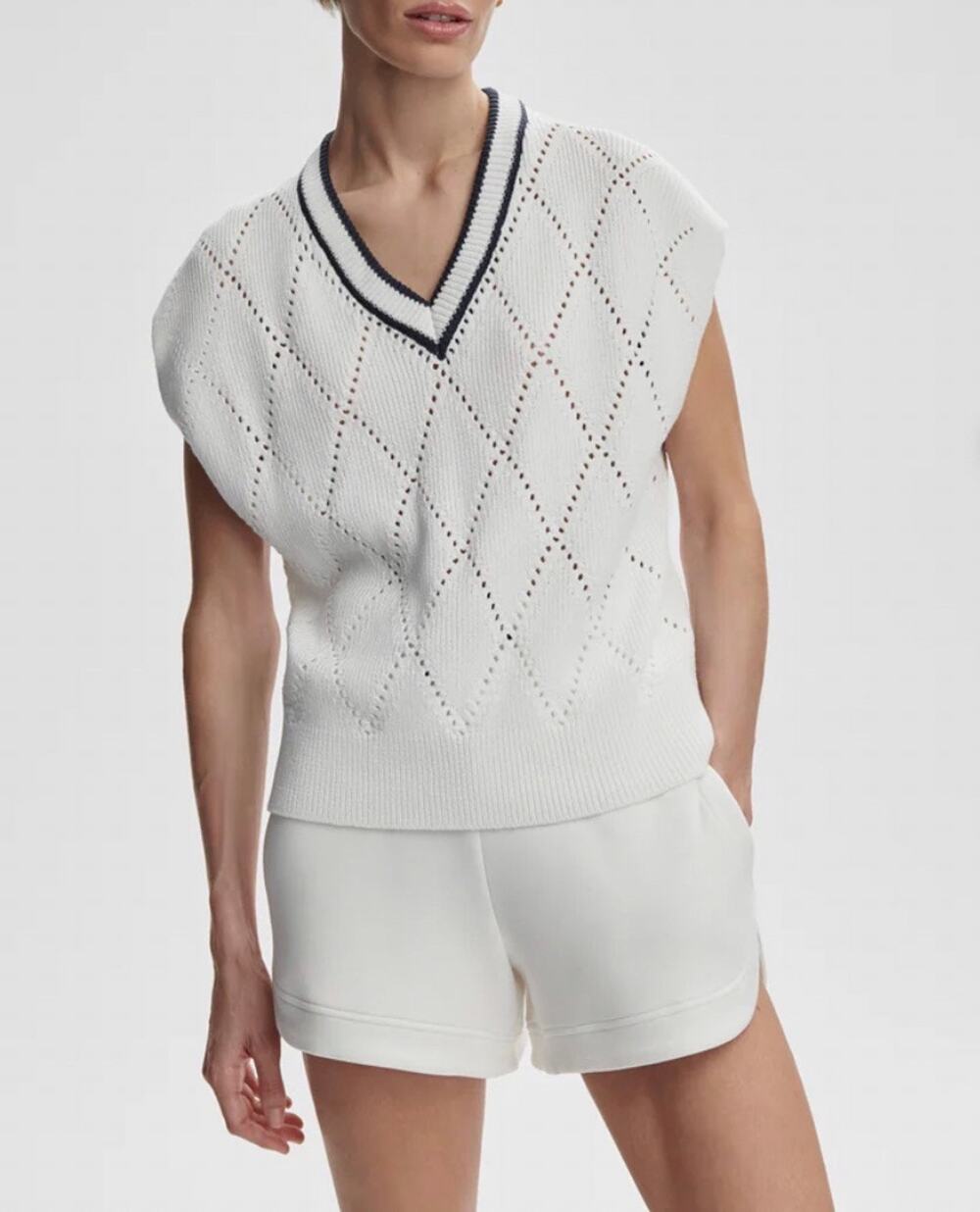 NWT Varley Beaton Diamond Pointelle Knit V-Neck Sweater Vest White Blue XS